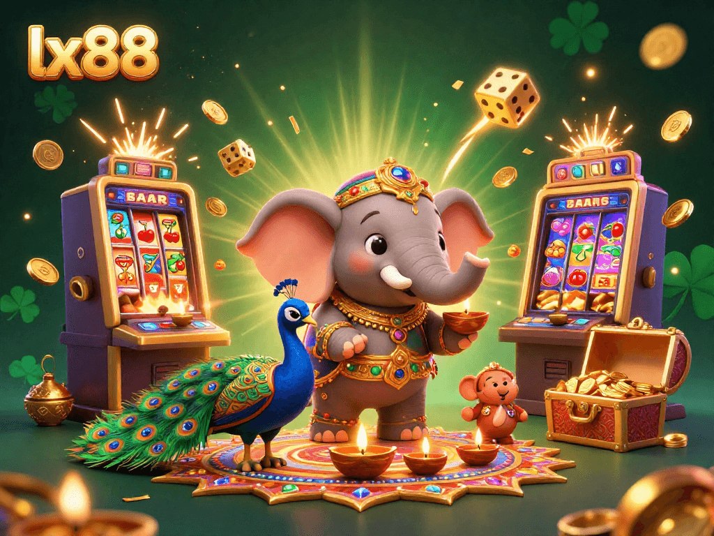 Engage with lx88's vibrant gaming atmosphere featuring a captivating jackpot scene with a colorful 3D elephant.