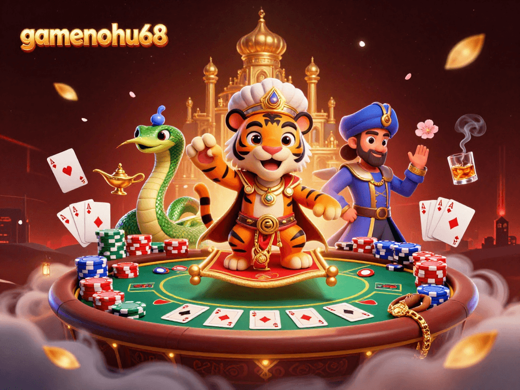 Engage in thrilling action with gamenohu68 at a vibrant casino featuring Arabian Nights-themed characters.