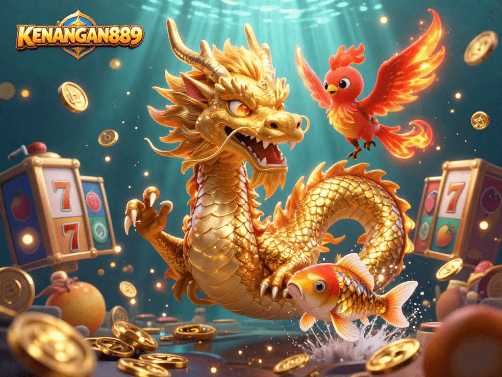 Experience exciting gaming with KENANGAN889, where players engage with vibrant slot reels and dragons.