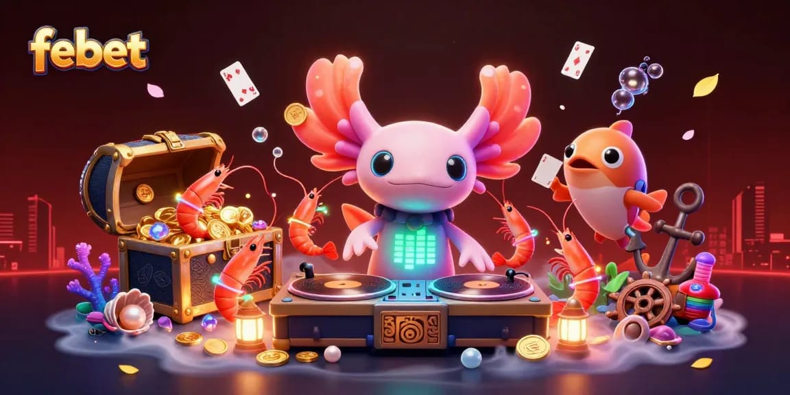 Visualize febet's vibrant casino energy with an axolotl DJ and animated gaming elements.