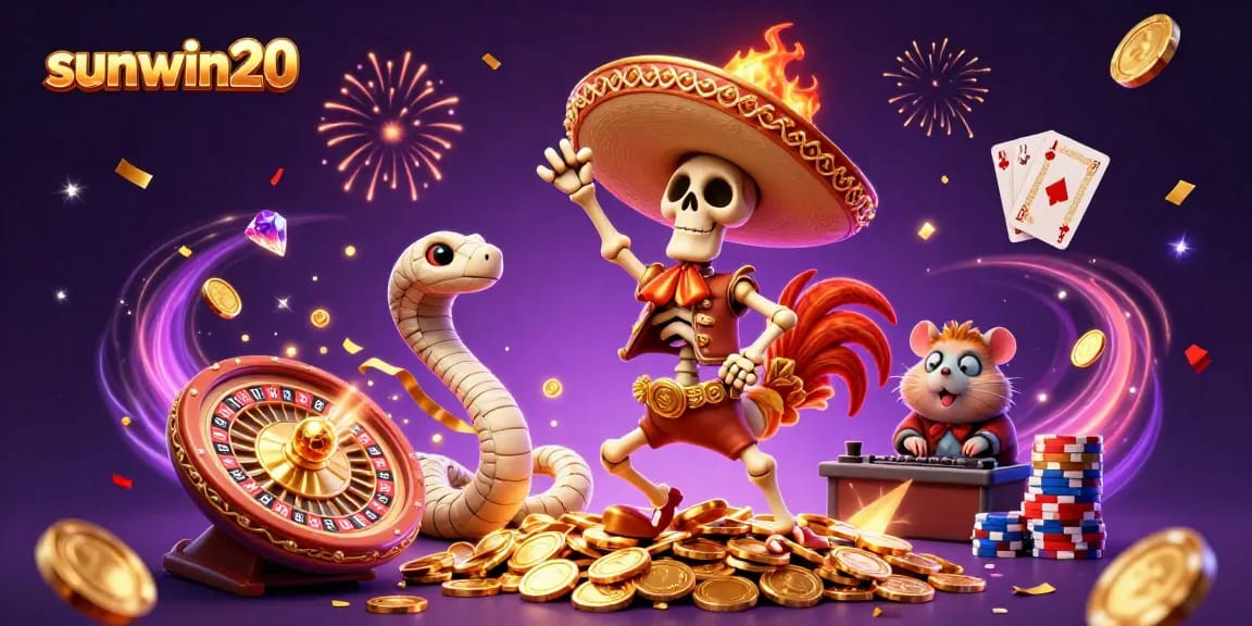 Witness the sunwin20 celebration with 3D characters and dynamic casino elements, showcasing exciting gaming action.