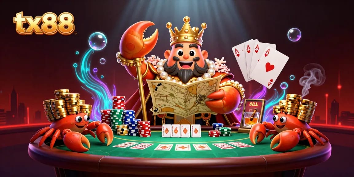 Experience the vibrant excitement of tx88 with a golden crab emperor amidst a realistic casino environment.