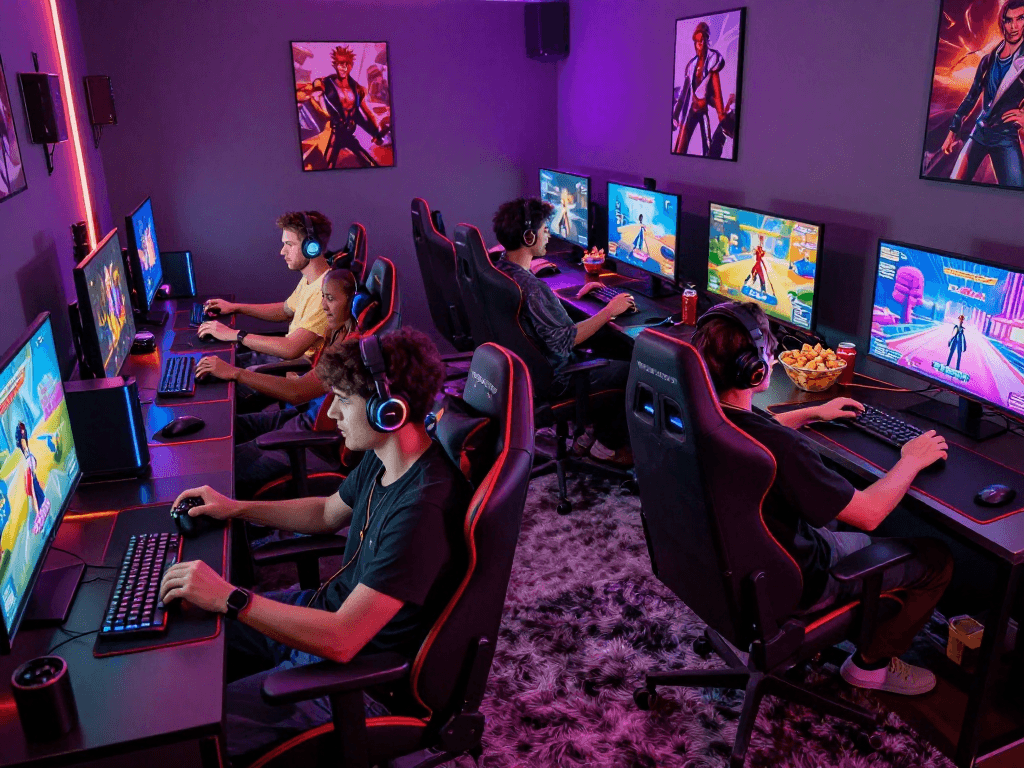 Players immersed in vibrant porn game action in a modern gaming lounge
