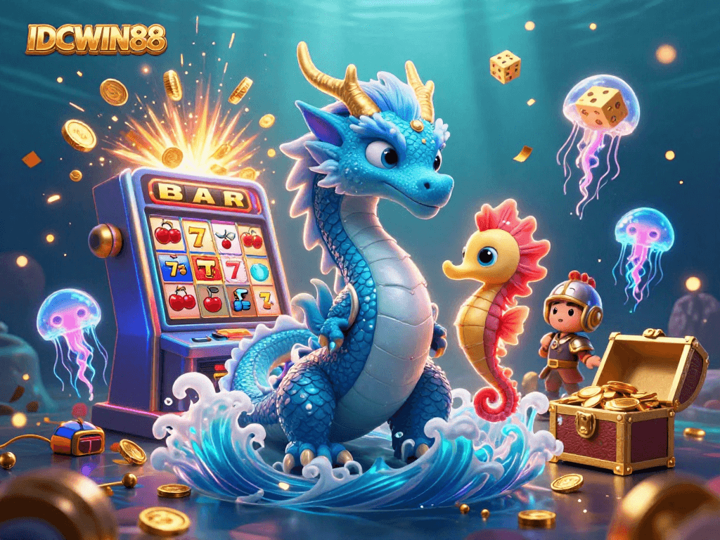 Engage in thrilling gameplay at IDCWIN88 with a vibrant underwater casino scene bursting with energy.