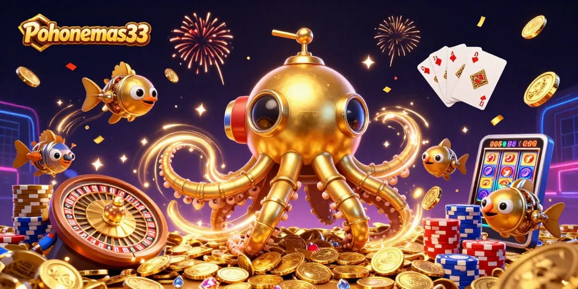 Pohonemas33 brings excitement to gaming with a vibrant kraken submarine amidst golden coins and casino elements.