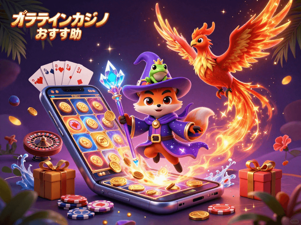 オンラインカジノ おすすめのゲームを楽しむキャラクターたちが描かれた3Dイラスト