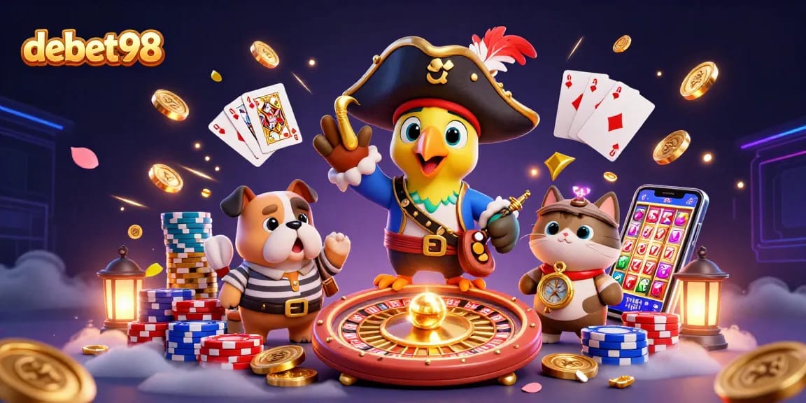 Engage with debet98's thrilling world of gambling featuring vibrant 3D elements and characters.