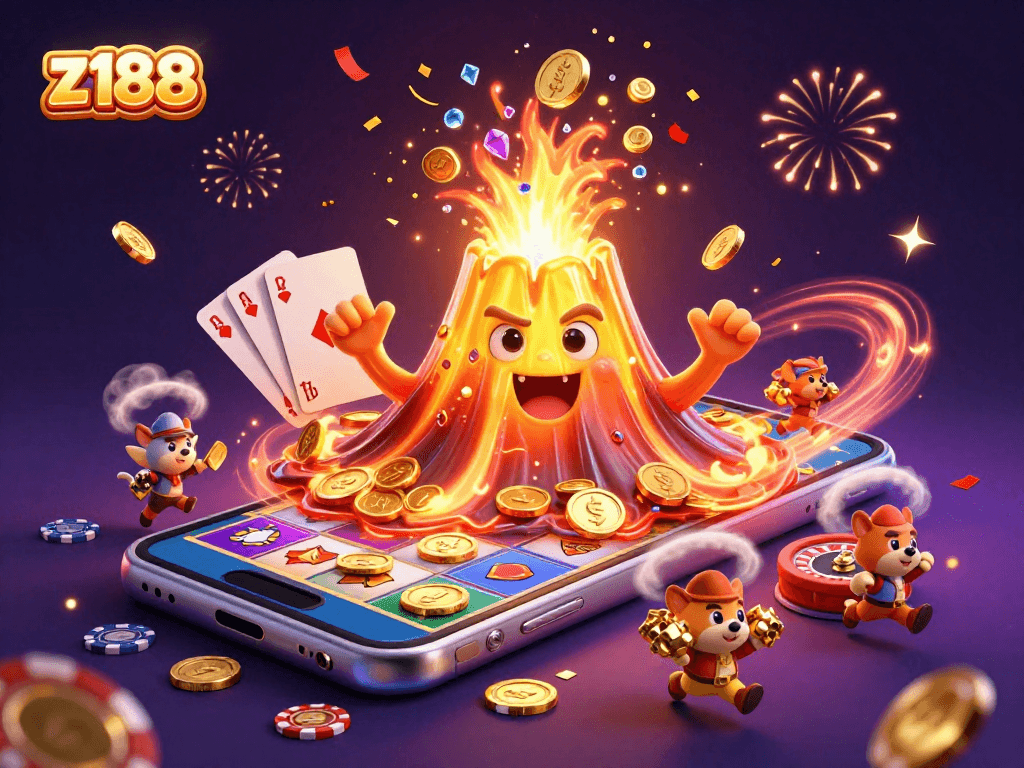 Engage in thrilling action at z188's vibrant casino scene, featuring a volcanic eruption of treasures and mobile games.