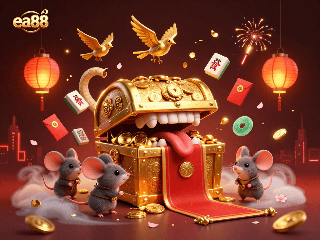 Engage with thrilling games at ea88 with golden treasure chests and vibrant casino elements.