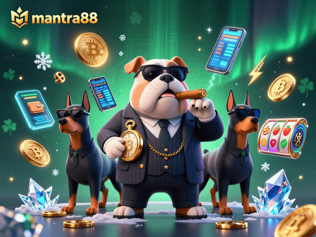 Experience the thrill of mantra88 slots with this energetic 3D scene featuring a mafia bulldog boss and digital rewards.