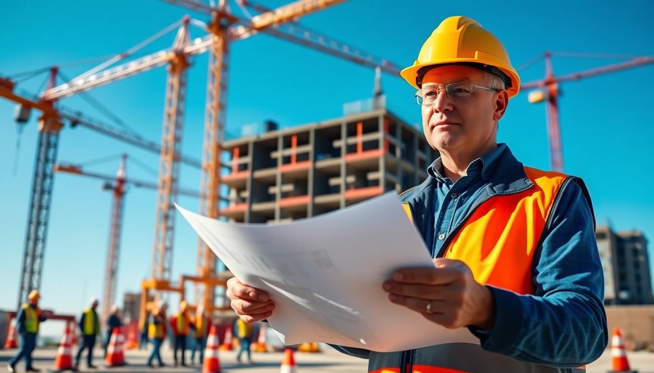 New Jersey Construction Manager directing a busy construction site with blueprints in hand.