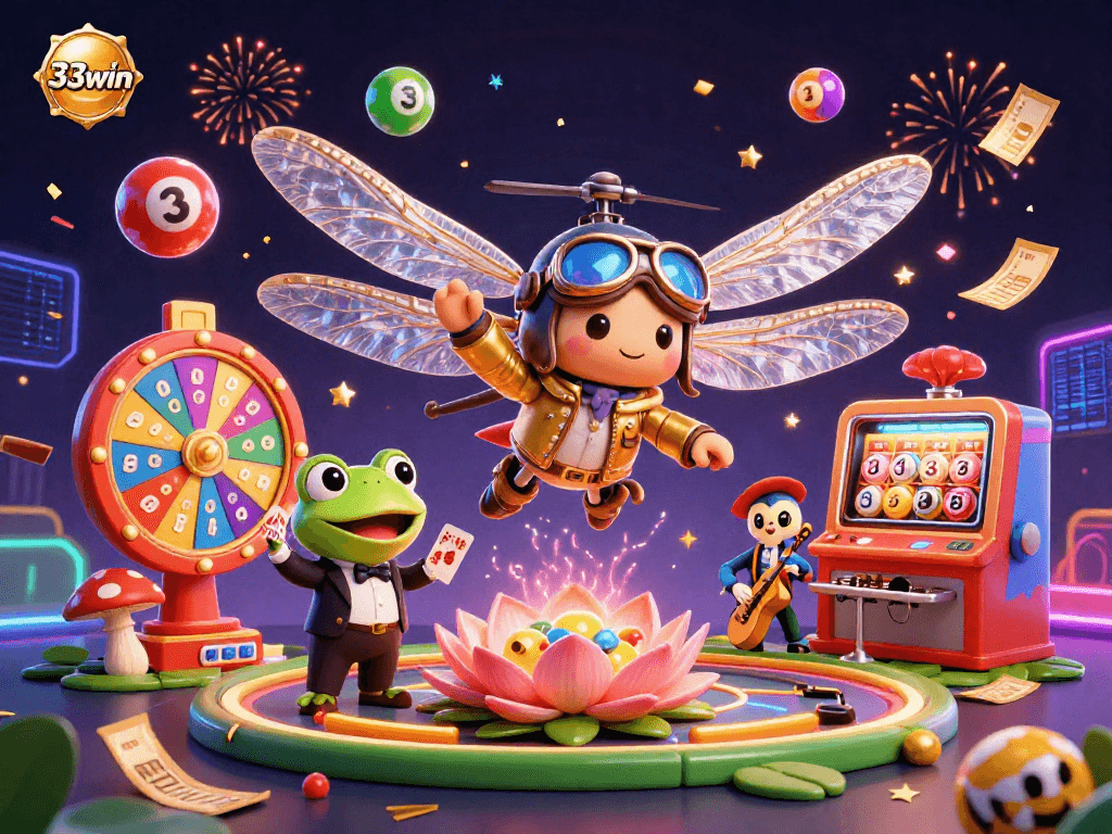 Experience thrilling gameplay at 33win with vibrant cards, colorful lottery balls, and festive casino elements.