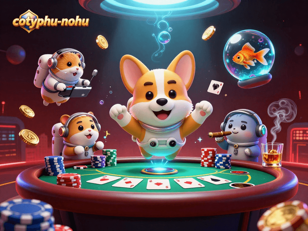 Cotyphu-nohu showcases a corgi astronaut in a casino, surrounded by poker chips and glamorous game elements.