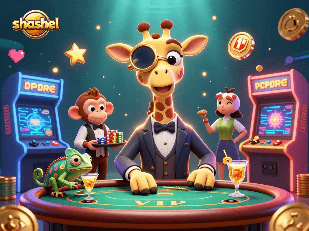 Experience high-stakes fun with shashel featuring a giraffe, monkey, and chameleon in a vibrant casino setting.