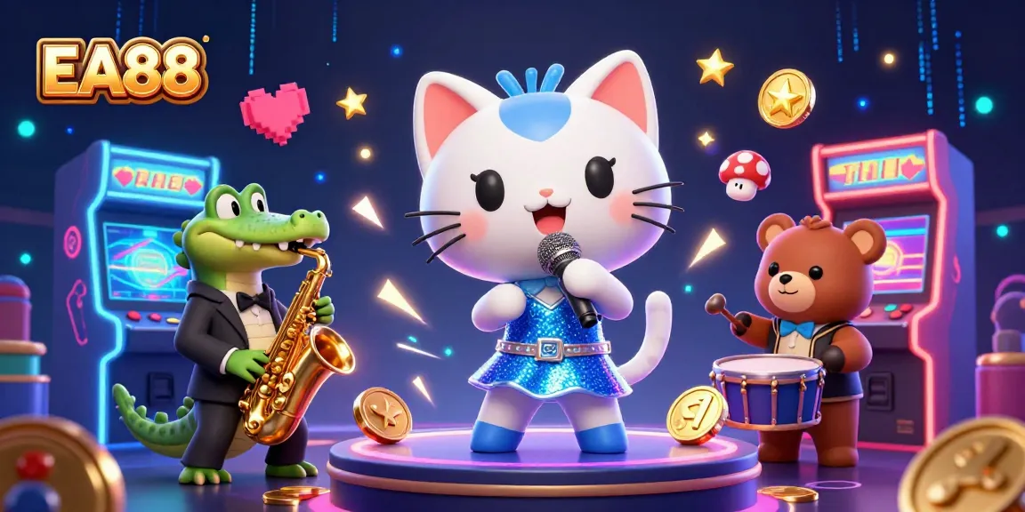 Experience the vibrant charm of EA88 through a dynamic 3D casino scene with colorful characters and gaming elements.
