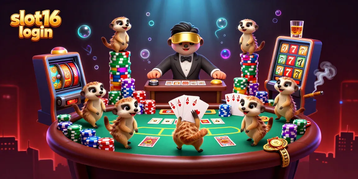 Engage with thrilling gameplay at slot16 login amidst an epic casino scene featuring dynamic meerkats.