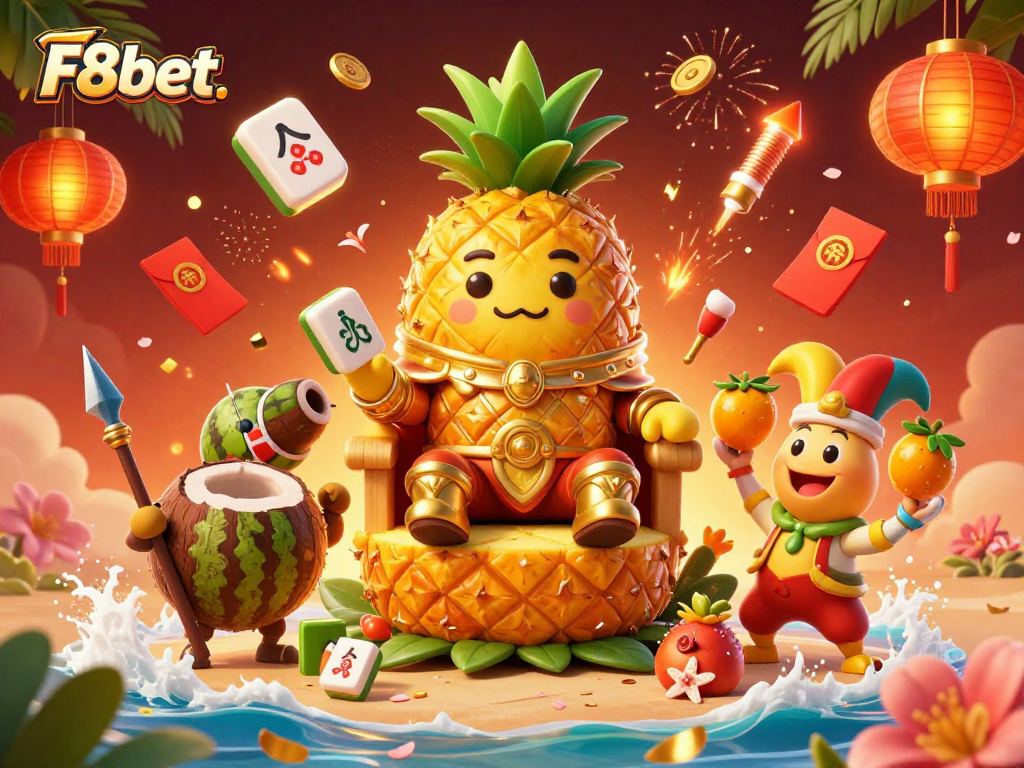 Experience the vibrant gaming atmosphere of F8bet with a golden pineapple king and lively casino elements in this immersive illustration.
