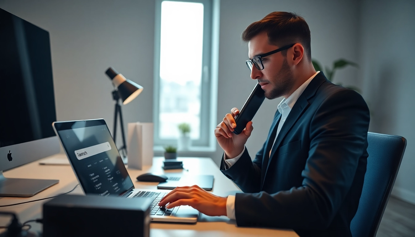 Conducting a phone number search uk at a modern workspace with digital tools.