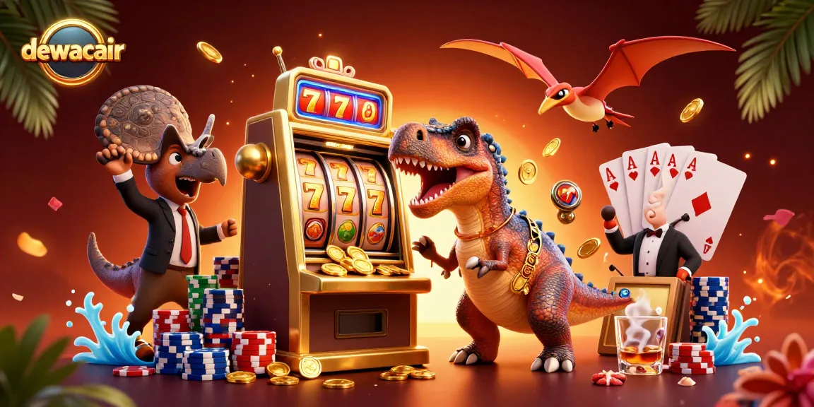 Dewacair features a dinosaur winning at slots, showcasing an exciting casino atmosphere with vibrant elements.