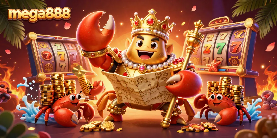 Experience mega888 excitement with a golden crab emperor amidst vibrant slot reels and treasure elements.