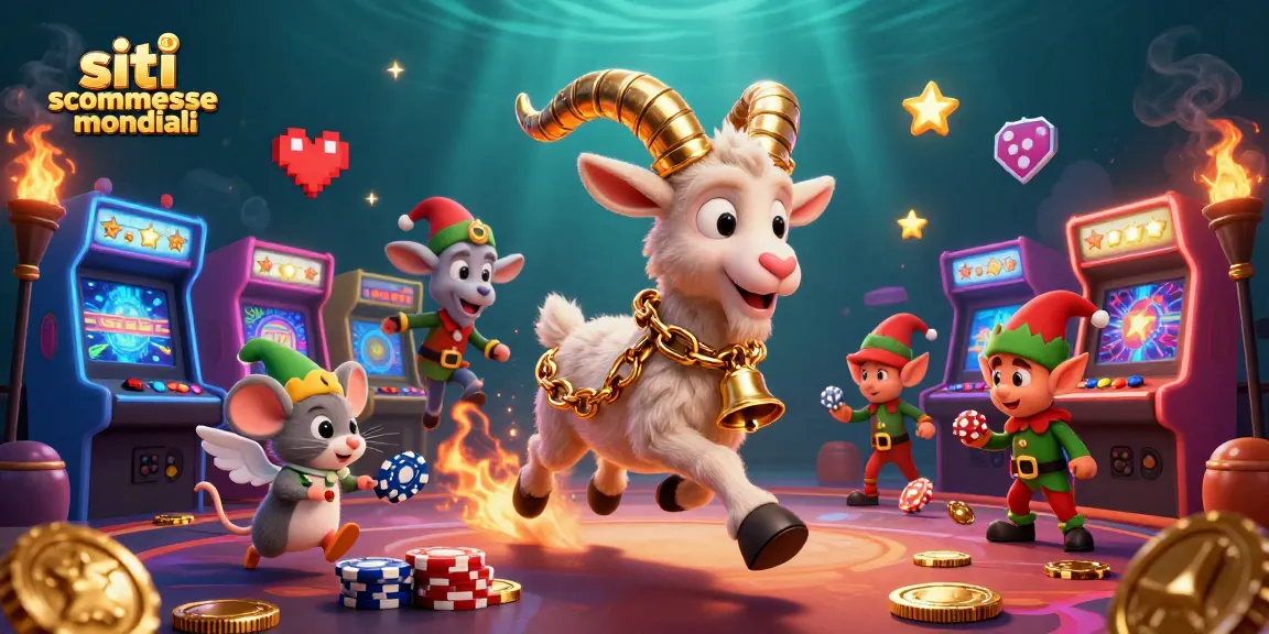 Scommetti sui siti scommesse mondiali con l'illustrazione di un casinò festivo, Krampus e topolino.
