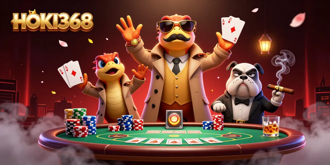 HOKI368 showcases playful raptors in a trench coat attempting VIP casino entry amidst vibrant poker elements.