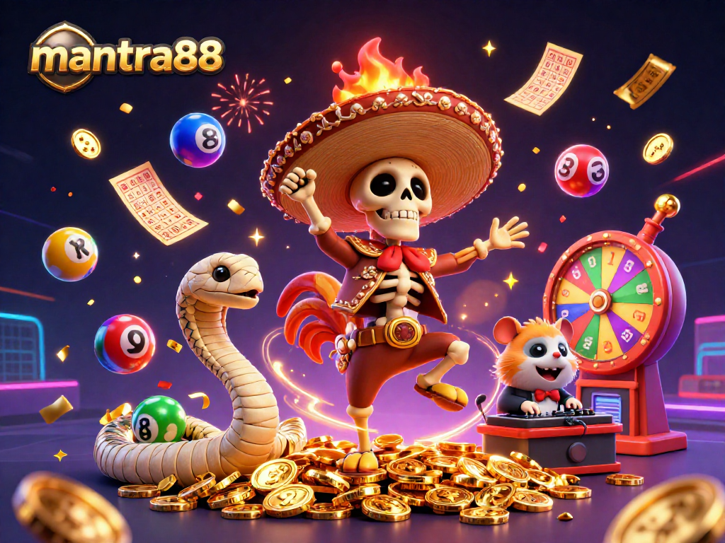Experience thrilling wins with mantra88 in this lively gaming illustration featuring vibrant prizes.