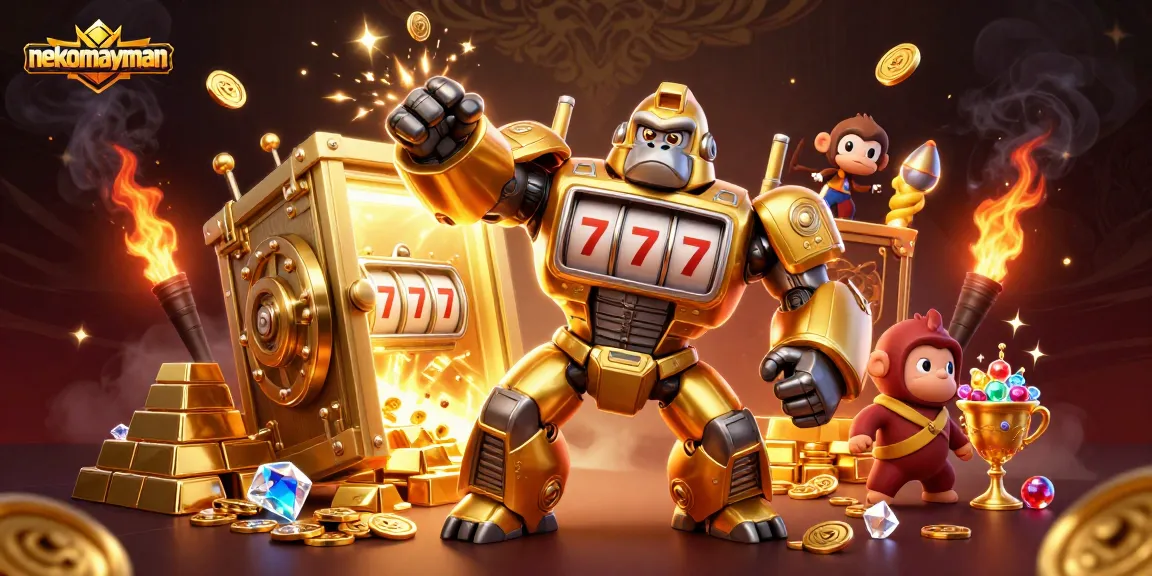 Spin the reels with nekomayman as a golden gorilla mech unleashes treasure-filled excitement!