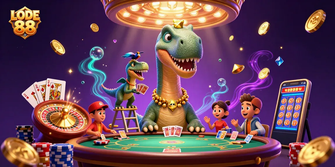 Engage with LODE 88 at a vibrant casino scene featuring dynamic characters and sparkling game elements.