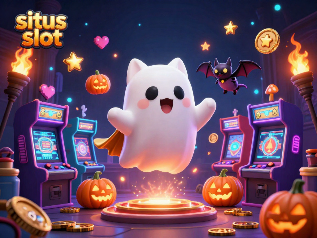 Menggunakan situs slot untuk dimainkan, kucing hantu 3D bersahabat melayang di kasino berhantu bersamaan dengan kelelawar vampir dan labu bercahaya.