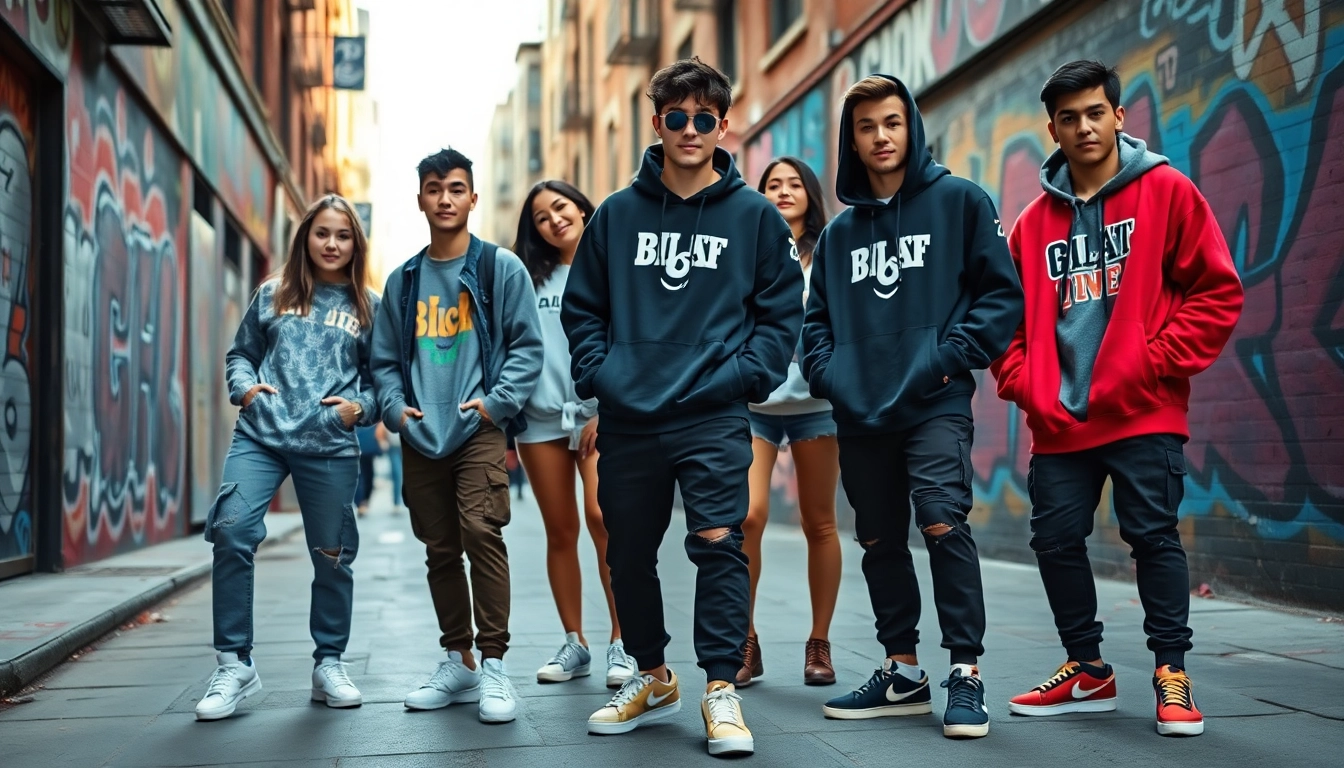 Young adults showcasing fashionable streetwear outfits in an urban environment.