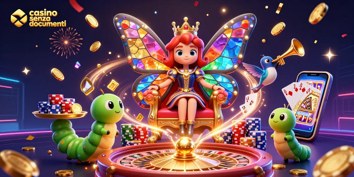 Vinci con il casino senza documenti mentre la regina delle farfalle e i suoi servitori celebrano con slot e fiche dorate.
