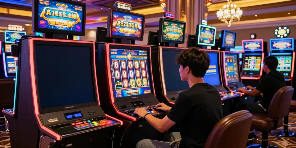 Thrilling gaming moment at a situs slot gacor with a focused player enjoying vibrant slot games.