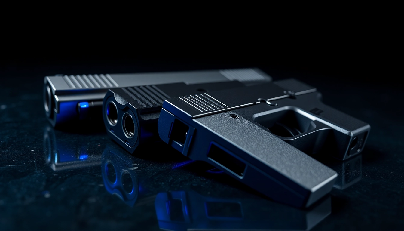 Showcase of glock 17 slides with detailed craftsmanship and metallic textures in a dramatic setting.
