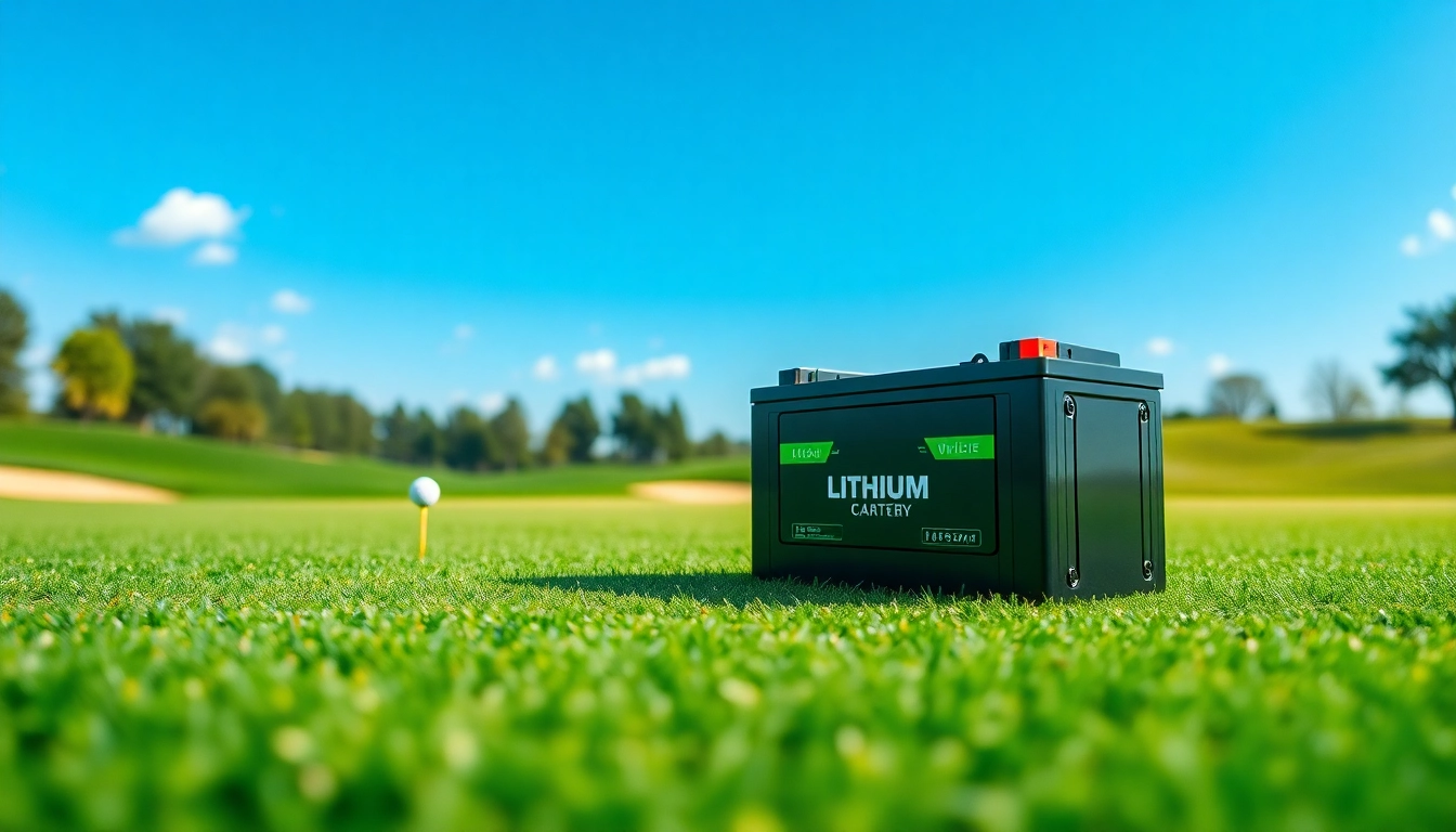 Showcasing lithium golf cart batteries in a vibrant outdoor golf setting highlighting performance.
