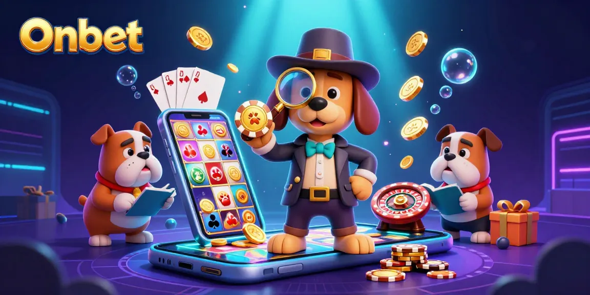 Play thrilling games at Onbet with a 3D detective uncovering golden poker chips amidst colorful slot games.
