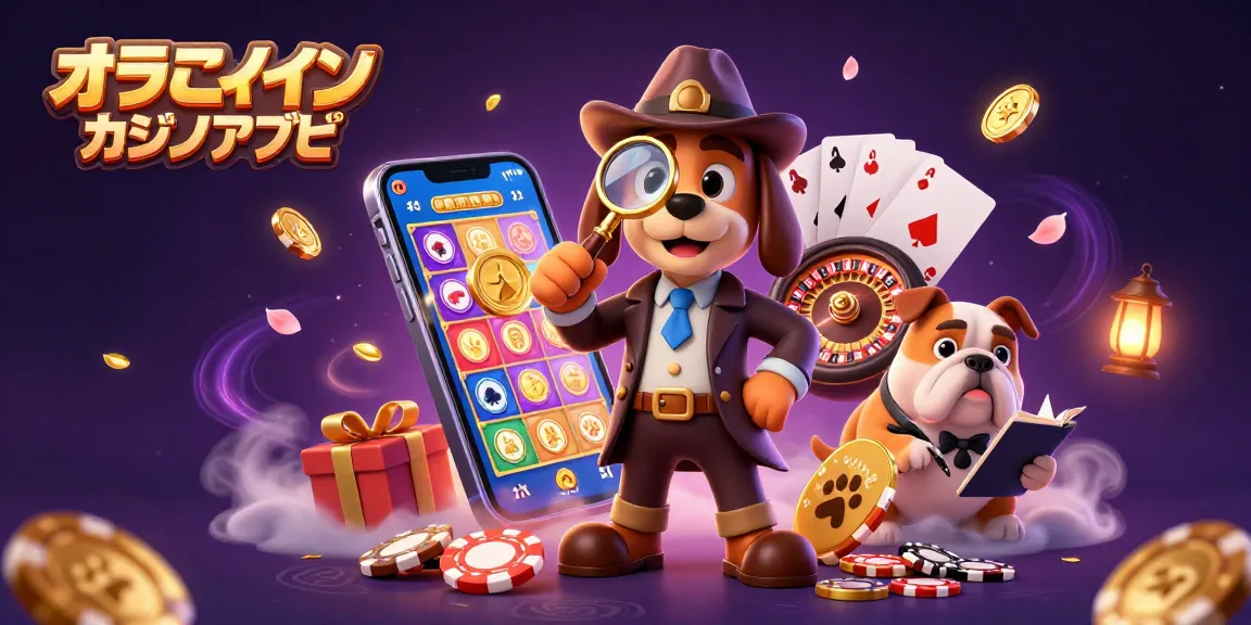 オンラインカジノ アプリでのスロットゲームのスリルを体験するため、探偵犬キャラクターが金のポーカー チップを調査している様子。