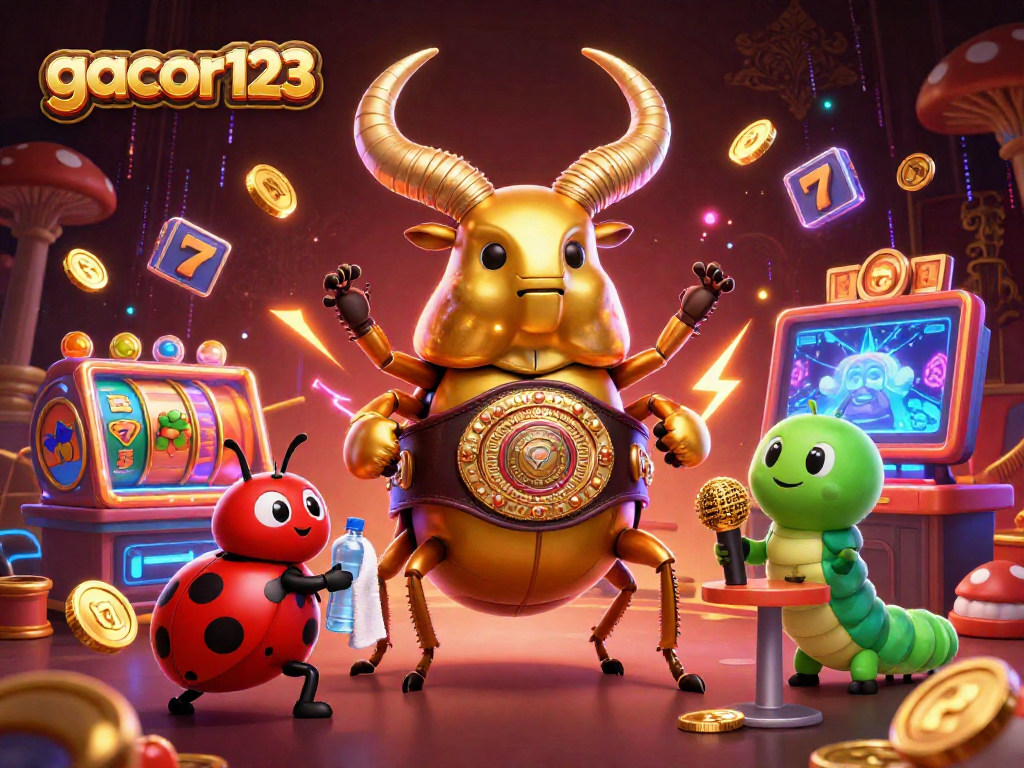 Spin and win with gacor123 as a giant beetle challenges with slot machine excitement.