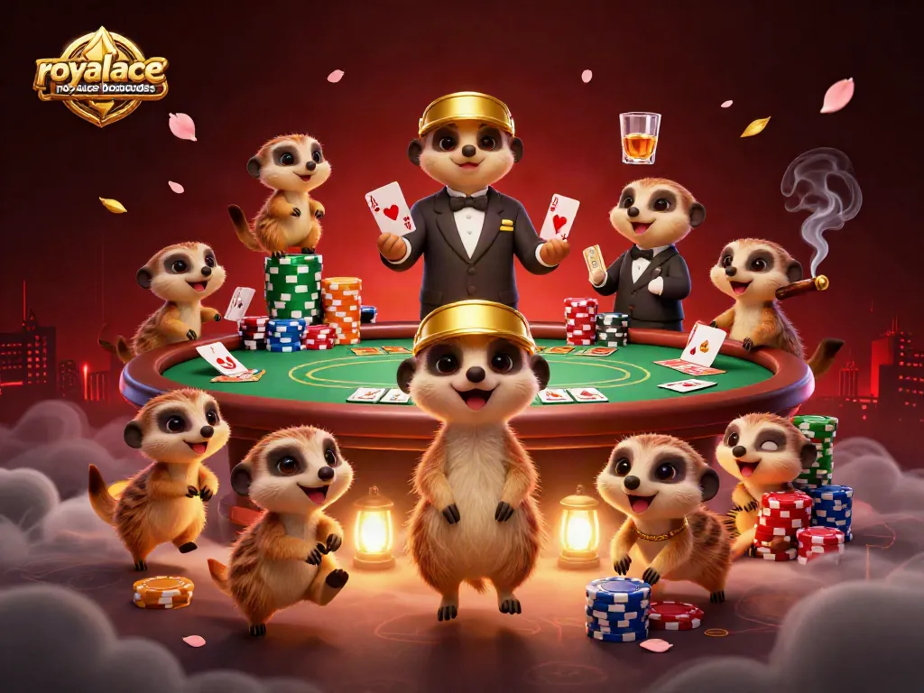 Engage with royalacebonuscodes in a vibrant casino scene featuring playful meerkats and dynamic gaming elements.