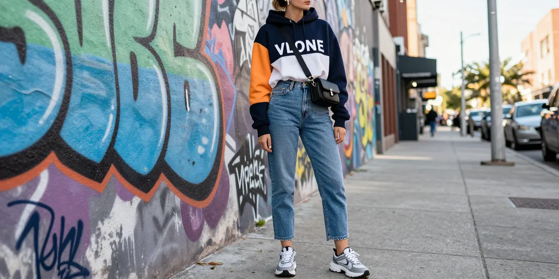Stylish individual wearing a vlone hoodie in urban street setting, showcasing modern streetwear fashion.