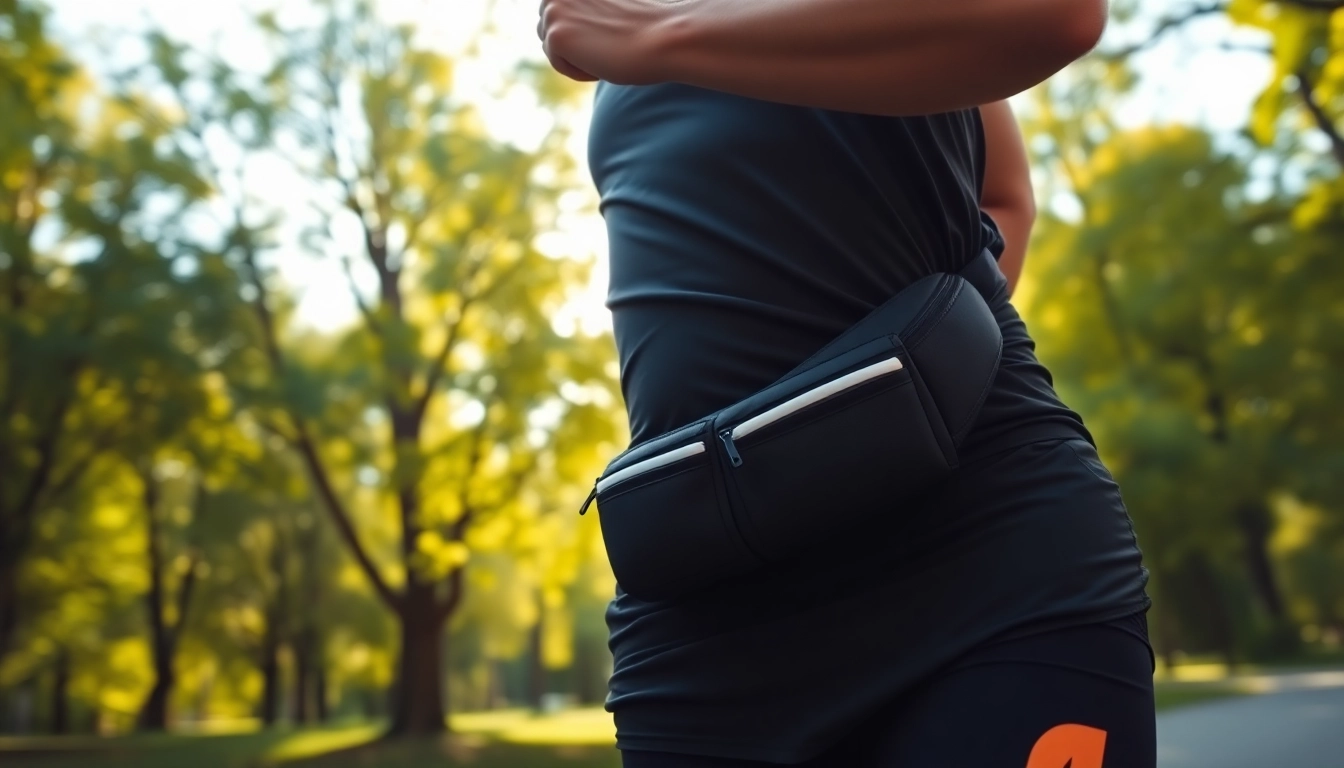 Athlete running with STRYQ running belts in a sunny park, showcasing its design and functionality.