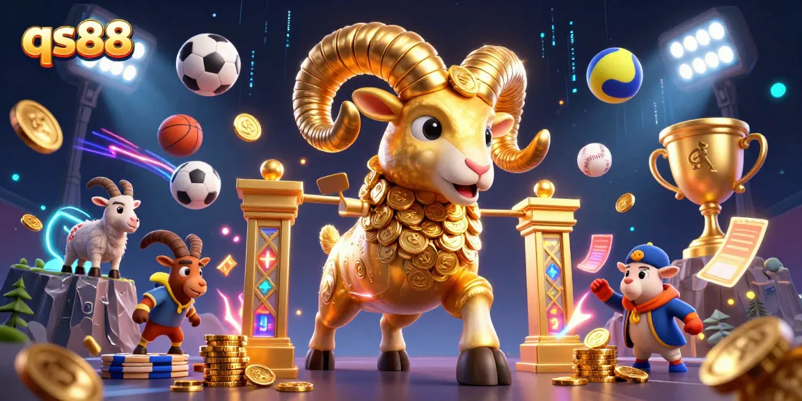 Experience thrilling gameplay with qs88 showcasing a golden ram charging through a vibrant casino scene with sports elements.