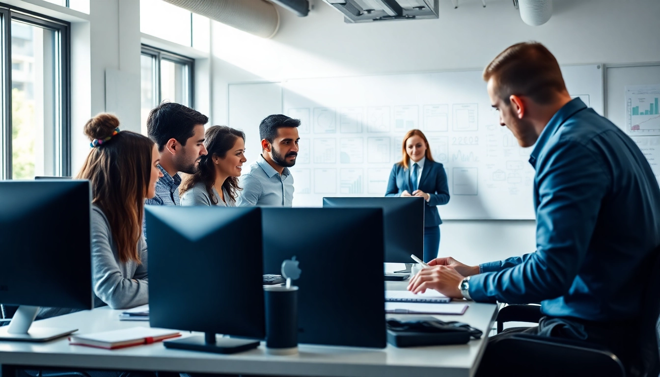Collaborative team discussing corporate IT solutions in a modern office.