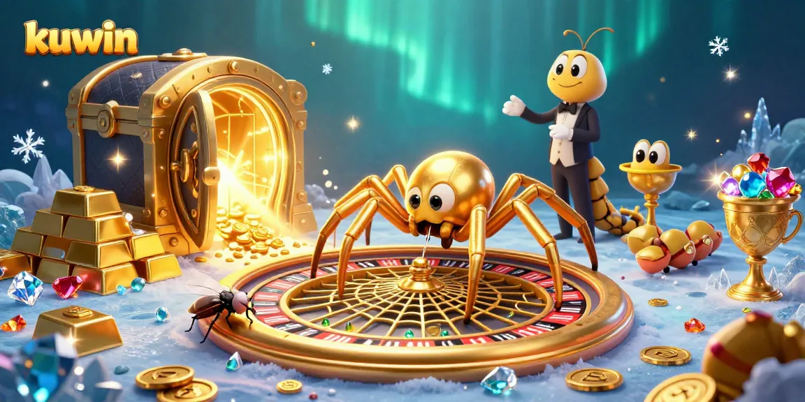 Kuwin players enjoy thrilling betting experiences with a golden spider spinning a roulette web.