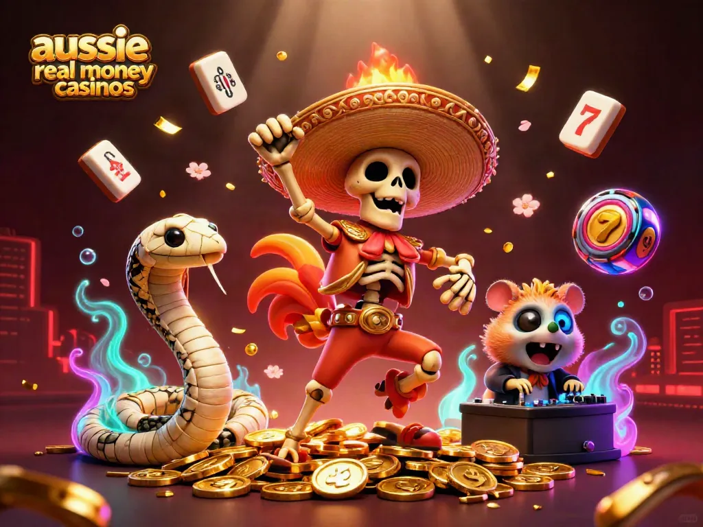 A 3D illustration celebrating aussie real money casinos, featuring a mariachi rooster, mummy snake, and DJ hamster in a vibrant casino scene.
