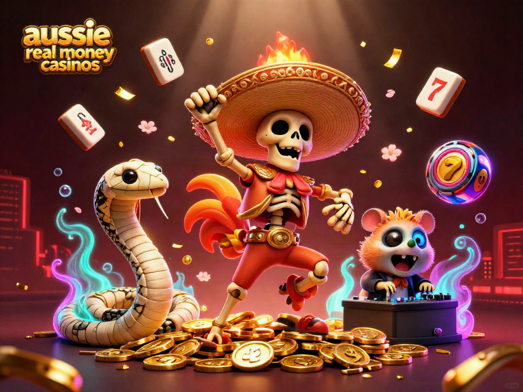 A 3D illustration celebrating aussie real money casinos, featuring a mariachi rooster, mummy snake, and DJ hamster in a vibrant casino scene.