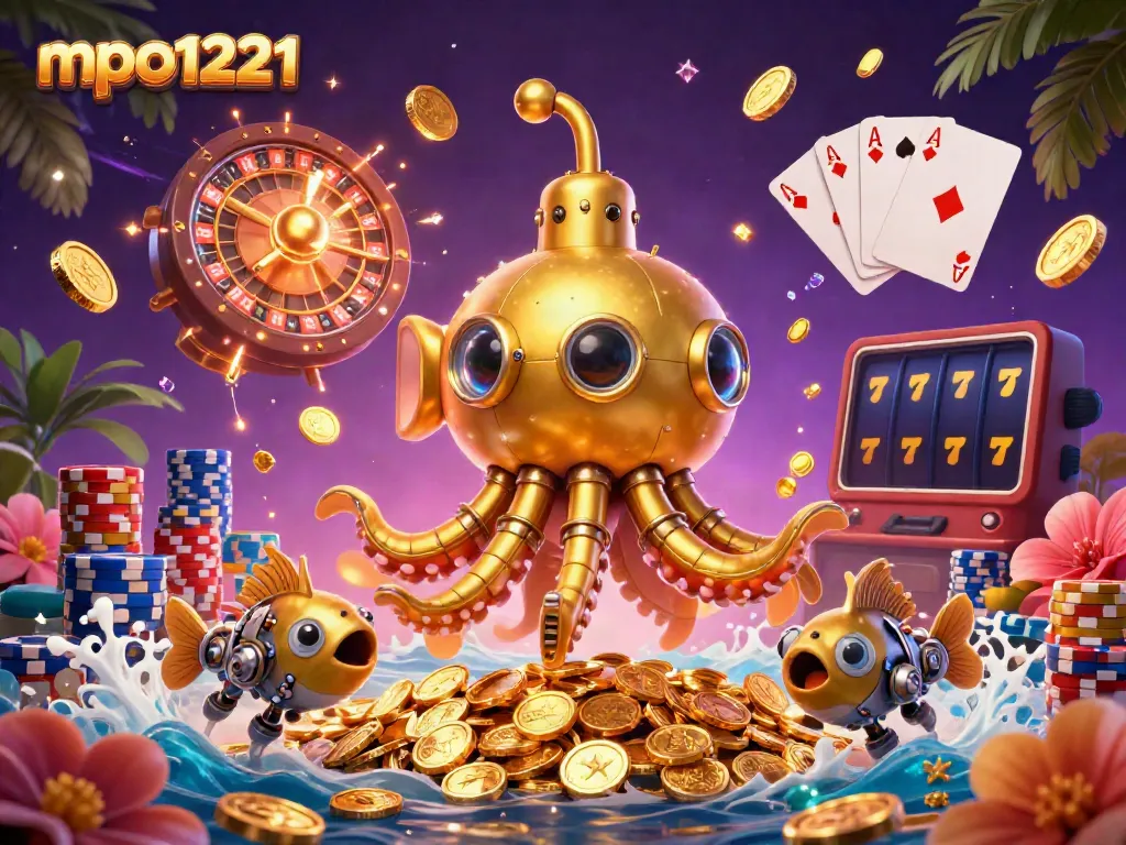 Experience the thrilling adventure of mpo1221 with a vibrant 3D underwater casino scene featuring a kraken submarine and treasure.