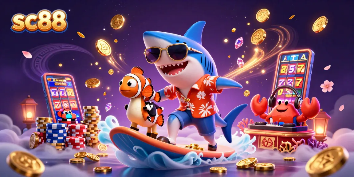 Catch the excitement of sc88 with a cartoon shark and friends amidst casino treasures!