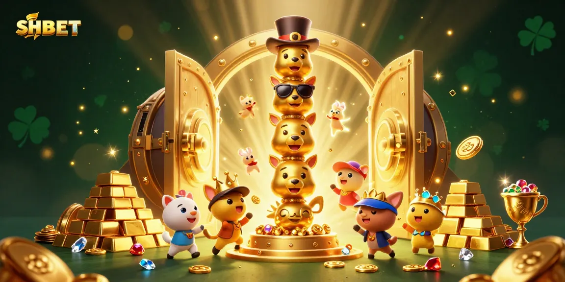 Engage with SHBET's thrilling golden totem pole amidst dazzling casino treasures and vibrant animations.