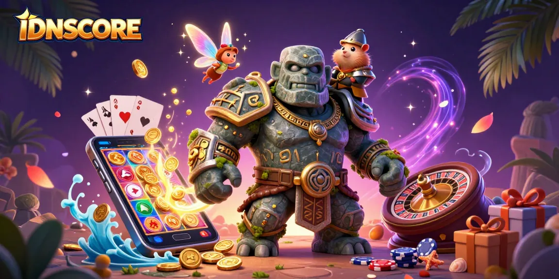 Experience IDNSCORE slots with lively characters and dynamic game elements in this detailed illustration.
